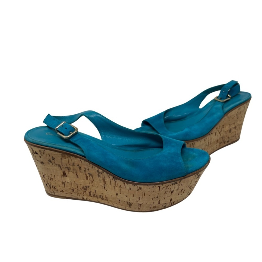 Gianvito Rossi turquoise Suede Cork Wedge Peep Toe Platform Slingback Sandals 10